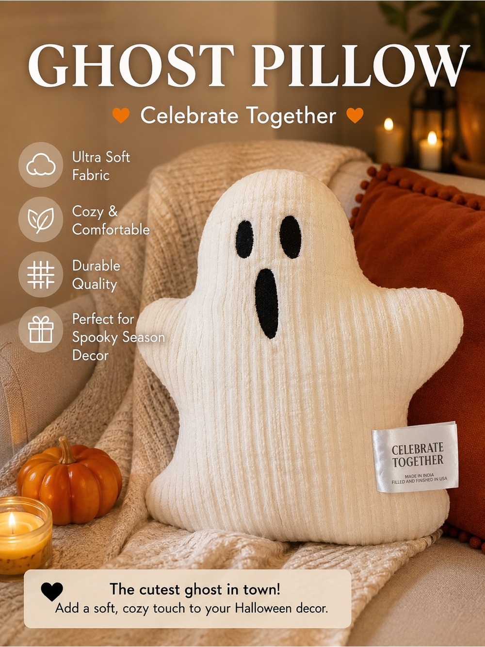 Celebrate Together Cream Ghost Pillow - Cozy Halloween Accent
